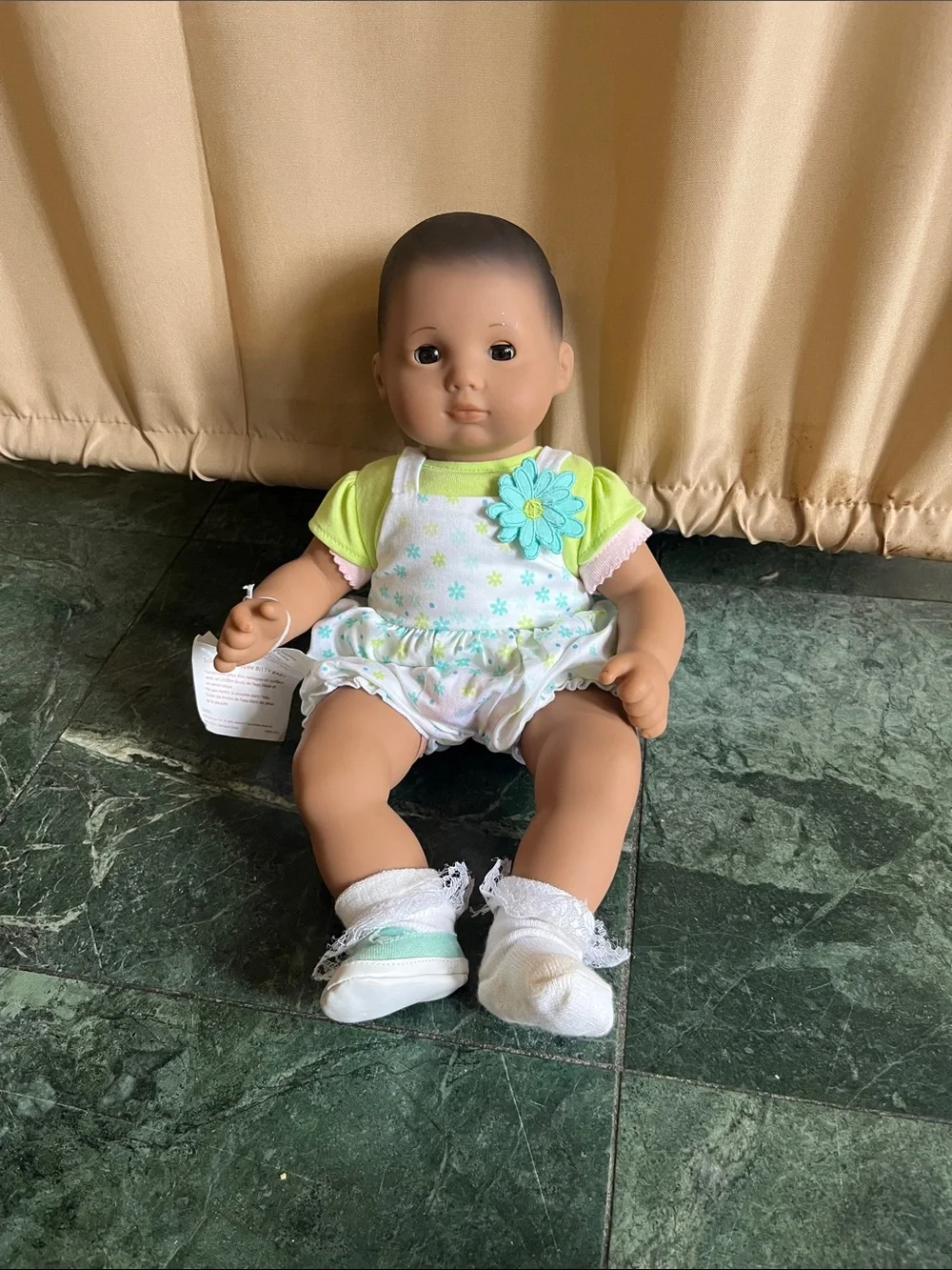 American Girl Soft Baby Doll in Lime Green Outfit with Blue Flower